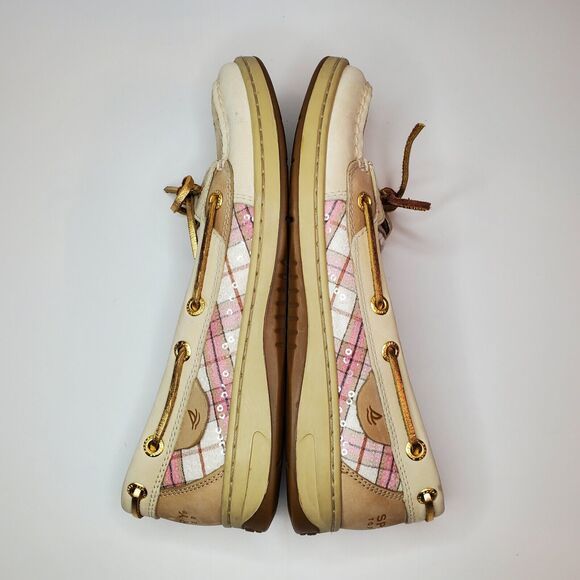 Sperry Topsider Boat Shoes Women’s 6.5M Pink Plaid Sequins Tan Leather 9303108 - Picture 4 of 9